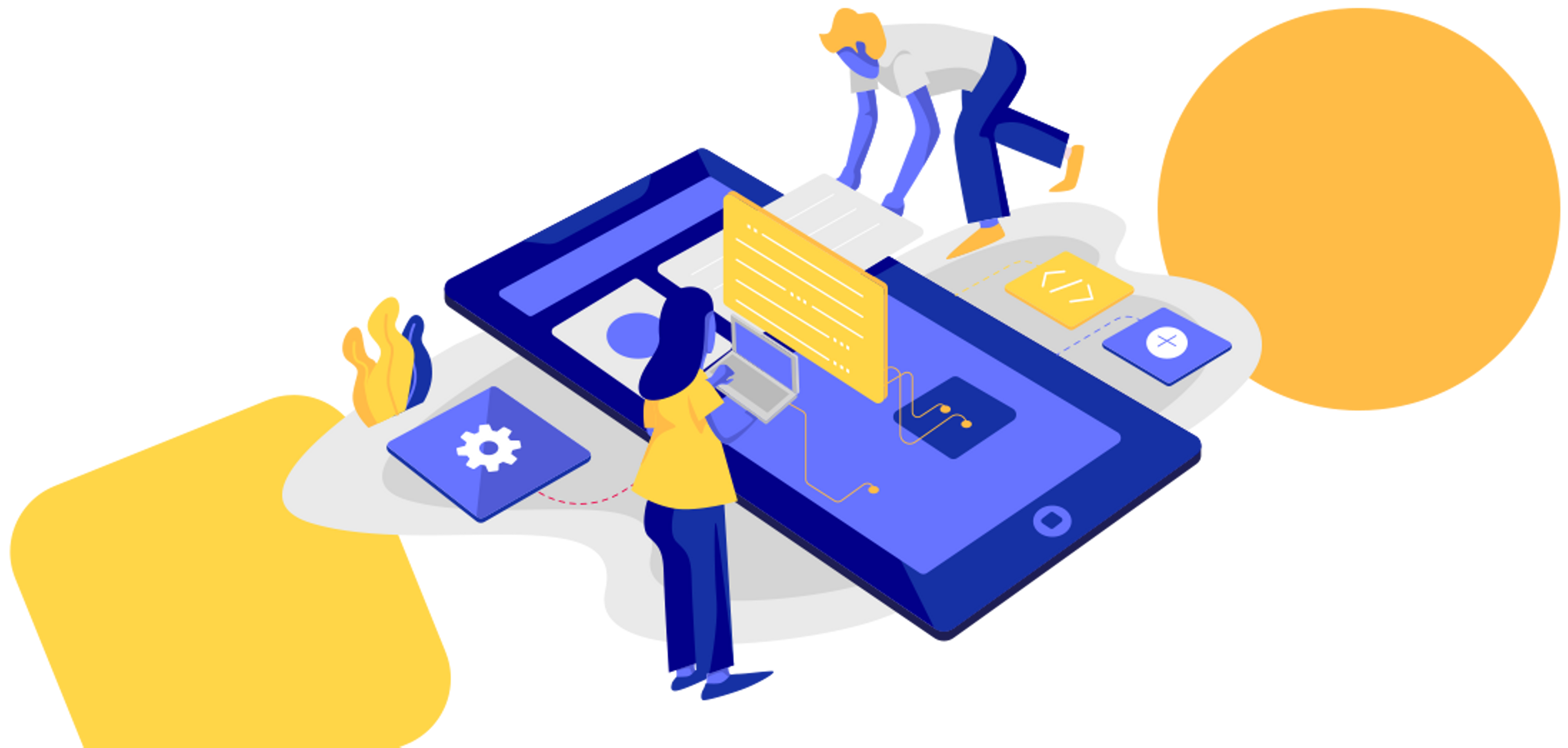 Abstract illustration of team building a custom computer application using laptops and html tags.