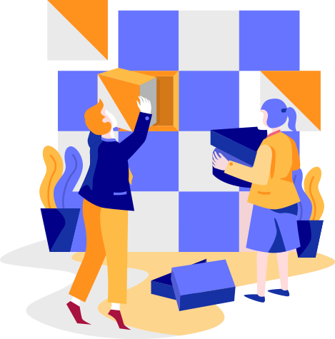 Two people putting together a structure using building blocks